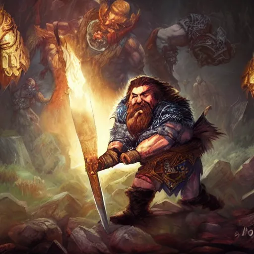 Prompt: a fantasy comic book style portrait painting of a dwarf berserker swinging axes, fighting monsters, octane render, hyperreal, 8 k