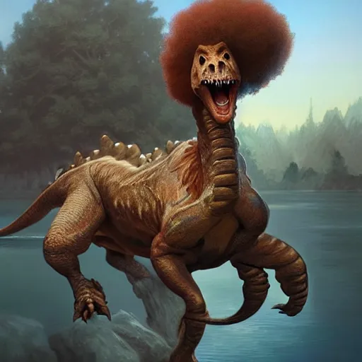 Image similar to bob ross!!! riding!!! a dinosaur!!, giant afro!, model pose, ultra realistic, concept art, intricate details, highly detailed, photorealistic, octane render, 8 k, unreal engine. art by artgerm and greg rutkowski and alphonse mucha