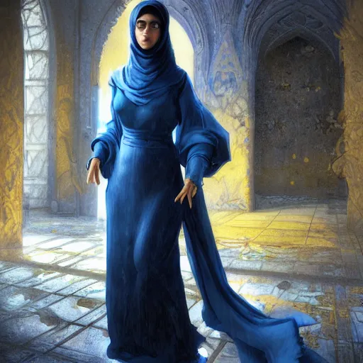 Prompt: a middle - eastern female cleric with straight black hair wearing blue and yellow vestments exploring an abandoned monastery, fantasy, highly detailed, digital painting, artstation, concept art, character art, art by greg rutkowski and tyler jacobson and alphonse mucha