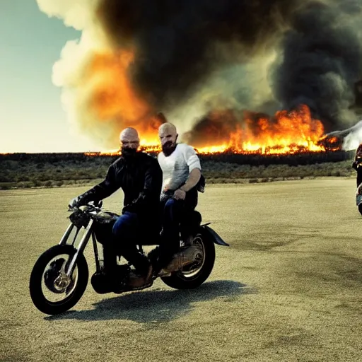 Image similar to photo of walter white and jesse pinkman riding motorcycles with a building on fire behind them, color, cinematic lighting, highly detailed