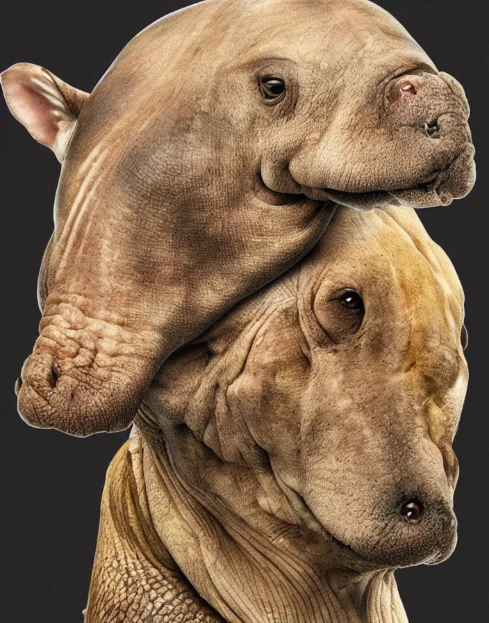 Image similar to portrait of muscular animal human merged head dolphin skin, solid background, scales skin dog, merged monkey head, hippo face morphed, gills, horse head animal merge, morphing dog head, animal eyes, merging crocodile head, anthropomorphic creature