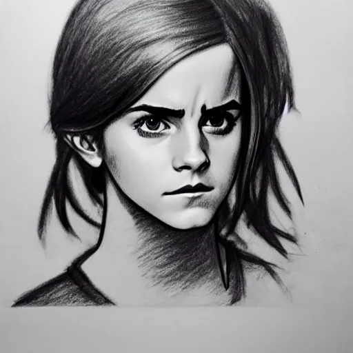 Prompt: emma watson in a demon slayer manga pencil, pencil and vine charcoal drawing, on medium grade paper, indian ink, variable lineart, grayscale, manga tones, detailed, set in hell, threatening an oompa loompa, hyper realistic, manga, beautiful