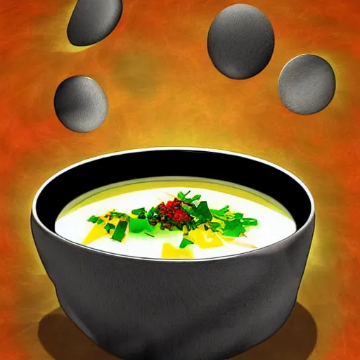 Prompt: a bowl of soup that is also a portal to another dimension, digital art