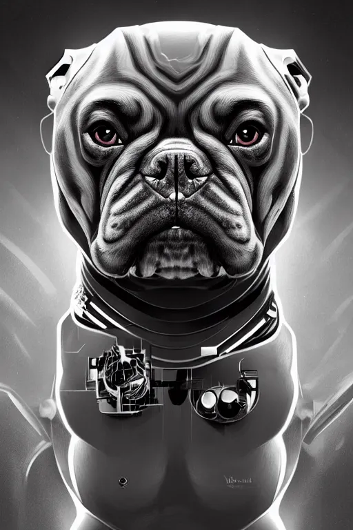 Prompt: a portrait of cyborg bulldog, high - contrast, intricate, elegant, highly detailed, digital painting, artstation, concept art, smooth, illustration