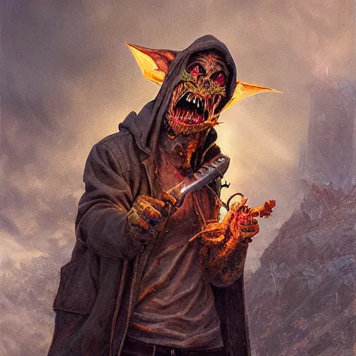 Image similar to grinning hellpunk the thieving Goblin wearing a grubby brown hoodie sweater whilst pointing a dagger at you chris cold marc simonetti ross tran greg rutkowski dan witz john currin vik muniz robert gober oil painting