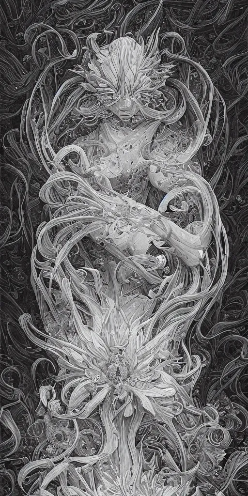 Image similar to highly detailed beautiful photography of flower, sharp focus, dramatic, dynamic lighting, elegant, harmony, beauty, masterpiece, by durero, by nicolas delort, moebius, by josan gonzalez, pencil draw