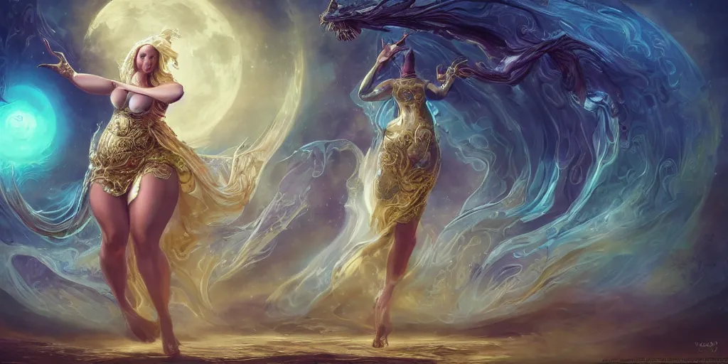 Prompt: concept art of translucent glowing curvy woman dancing, big booty, flowy, melting, round moon, swirly clouds, very detailed, volumetric light, mist, fine art, textured oil over canvas, dragons, epic fantasy art, very colorful, ornate intricate scales, gold skulls, fractal gems, 8 k, hyper realistic, high contrast