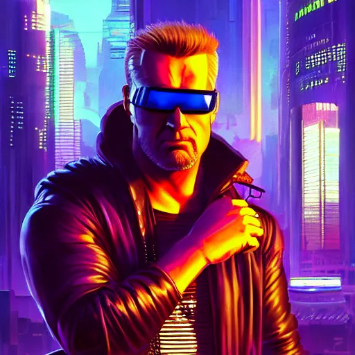 Prompt: a portrait of cyberpunk Duke Nukem wearing reflective surface mirror surface shades mirrorshades, Night City, cyberpunk 2077, neon megacity in the background, angry and bored, illustration, soft lighting, soft details, painting oil on canvas by mark arian by artgerm, trending on artstation, 4k, 8k, HD