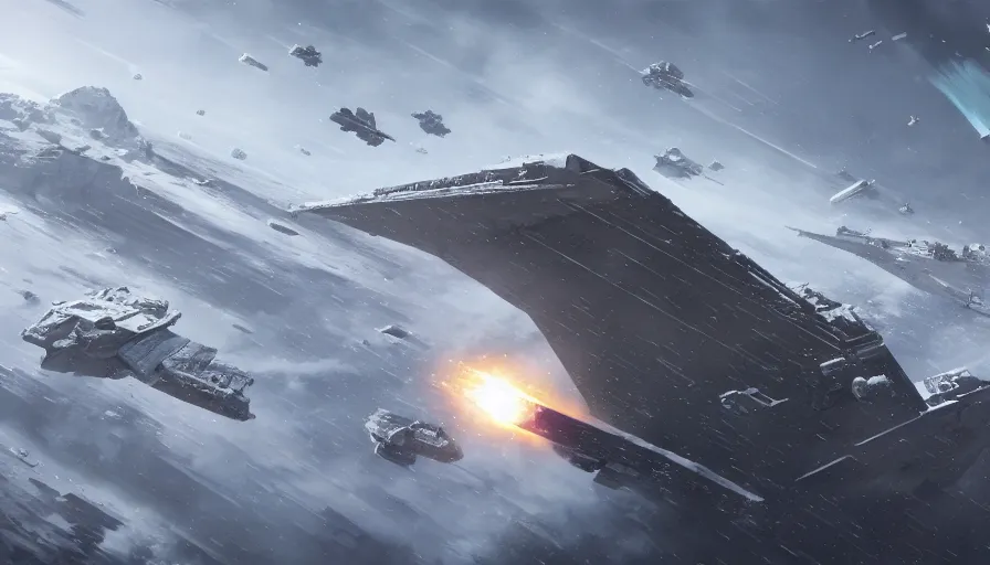 Image similar to Star Destroyer crashing on Hoth during a huge battle between the Resistance and the Galactic Empire, hyperdetailed, artstation, cgsociety, 8k