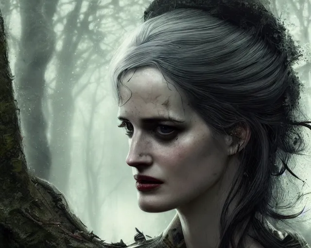 Prompt: 5 5 mm portrait photo of a real life tough looking eva green as ciri in brown leather armor with silver hair and a large scar along her left cheek, in a magical forest. dark atmosphere. art by greg rutkowski. highly detailed 8 k. intricate. lifelike. soft light. nikon d 8 5 0.