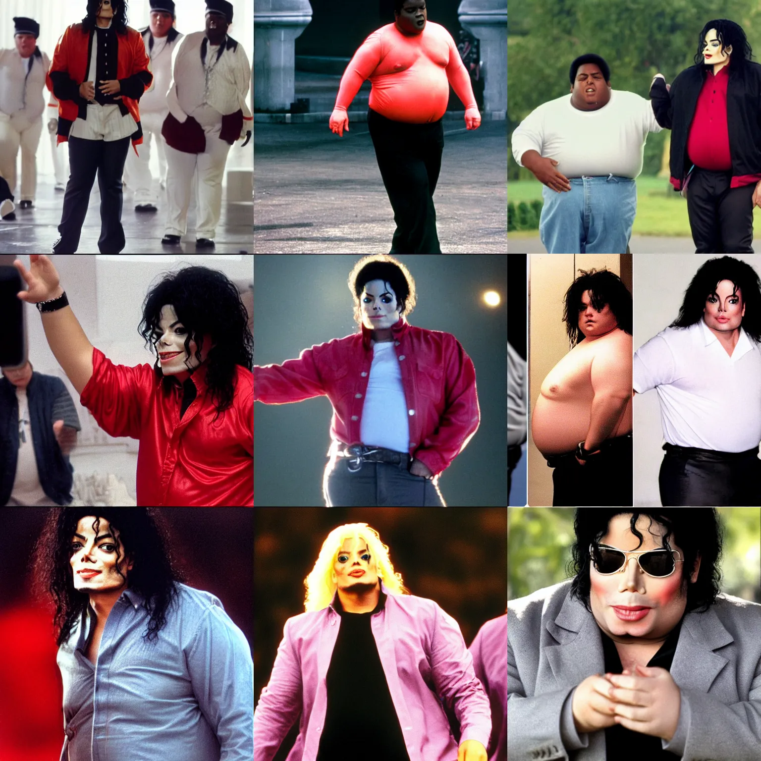 Prompt: michael jackson chubby very obese!!, exposed belly, casual clothes, long shot, very realistic film still, high quality 8 k