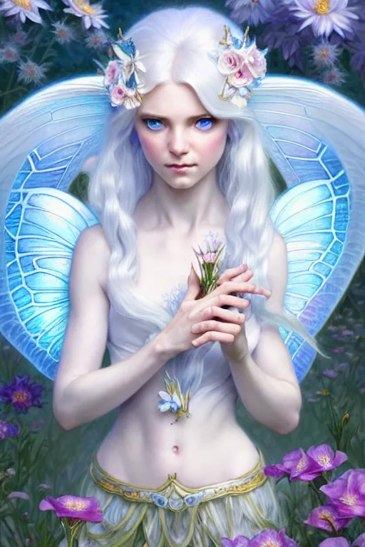 Prompt: highly detailed illustration beautiful white - haired fairy princess in a flower garden, wonderful blue eyes, deep focus, d & d, fantasy, complex, elegant, highly detailed, digital painting, artstation, concept art, matte, clear focus, illustration, hearthstone, art by artgerm and greg rutkowski and alphonse mucha