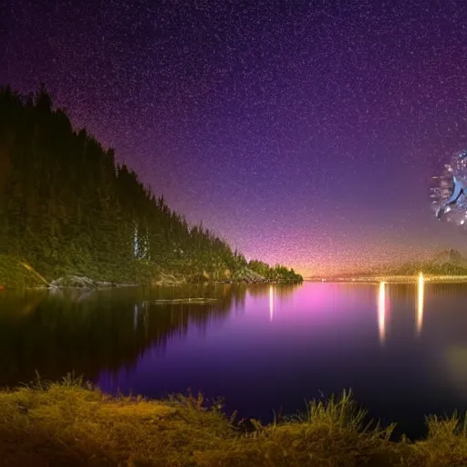 Prompt: a lake shore, stars reflecting on the water, fireworks in the distance, 4k reflections, 8k