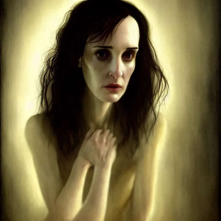 Image similar to epic professional digital art of startling winona ryder - raw, faint golden moody atmospheric lighting, painted, intricate, detailed, detailed, foreboding, by leesha hannigan, wayne haag, reyna rochin, ignacio fernandez rios, mark ryden, iris van herpen, epic, stunning, gorgeous, much wow, cinematic, masterpiece.