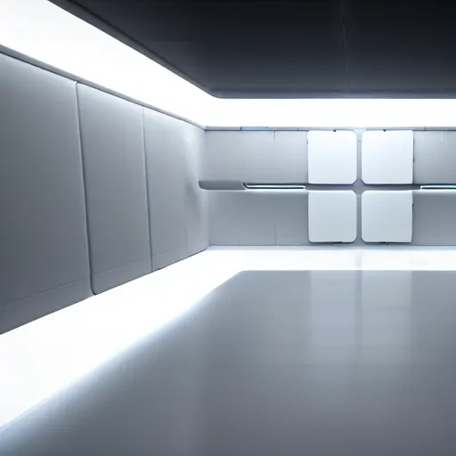 Prompt: a white room 1 2 ft long x 1 0 ft wide x 8 ft tall, geometrically perfect, clean and empty, sci fi spaceship futuristic paneling unreal engine, general studio lighting, 8 k,