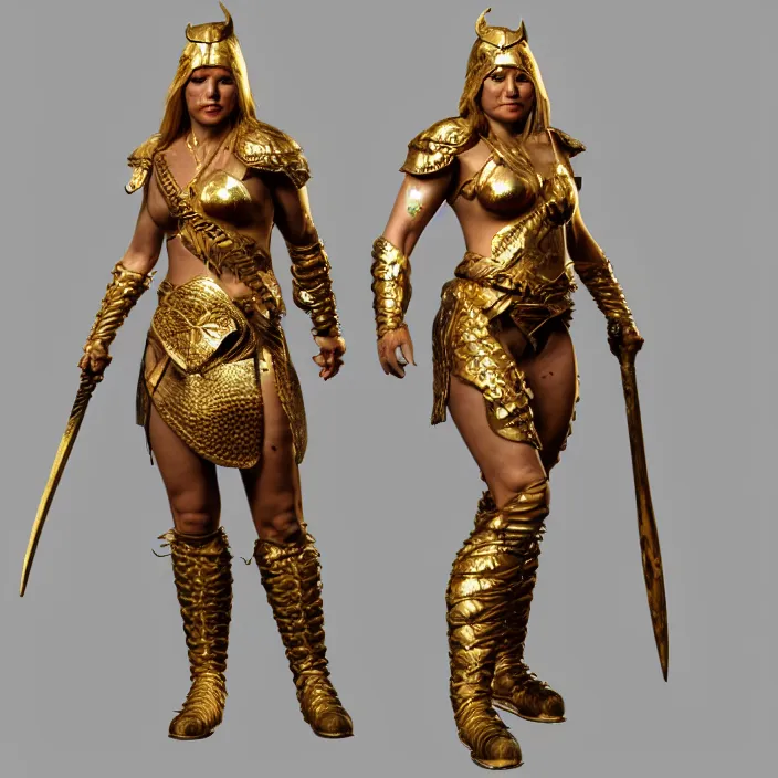 Prompt: close 3 d model of golden viking warrior women, octane rendered, unreal engine 5, extremely detailed, anatomically correct, rtx reflections