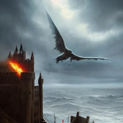 Prompt: voldemort, huge wings, scary weather, stormy, ocean, exudes terror ， island ， castle ， vine, spitfire, photography, hyperrealistic, by greg rutkowski, smooth, illustration, elegant, artstation, digital painting.