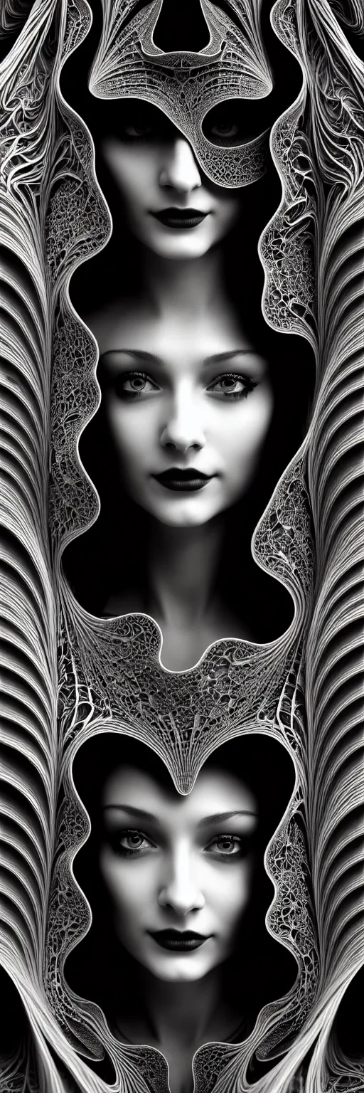 Image similar to portrait of a young beautiful woman with a partially covering mask. fractal, mandelbulb technique. black and white, black on black. intricate, elegant, super highly detailed, professional digital painting, smooth, extreme illustration, Photorealism, HD quality, 8k resolution, 3D, beautiful, cinematic, art. art deco, art nouveau.