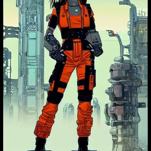 Image similar to cyberpunk mechanic lady in a jumpsuit with robotic feet and a cyberpunk eyepiece. orange and black color scheme. concept art by james gurney and mœbius. apex legends character art. gorgeous face.