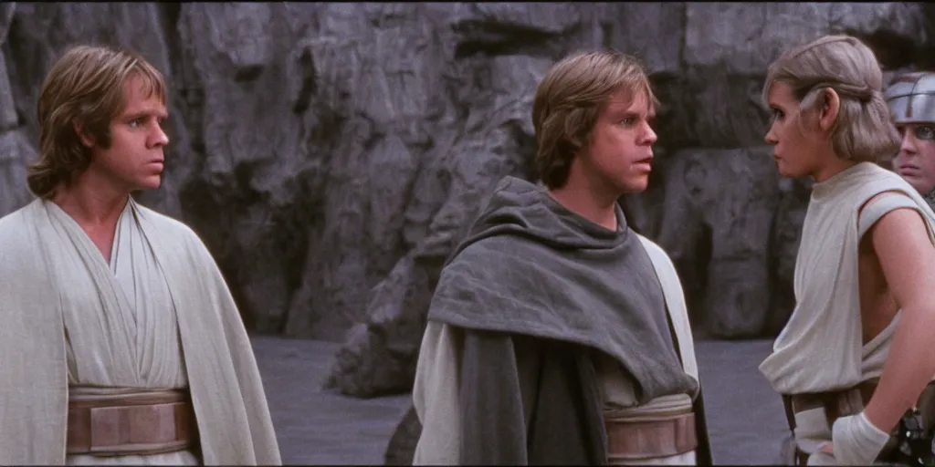 Prompt: screenshot from unreleased Star Wars film, Jedi Luke Skywalker played by Mark Hammil teaches Princess Leia the ways of the force, they stand in a jedi Temple, 1970s film by Stanely Kubrick film, color kodak, Ektachrome, anamorphic lenses, detailed faces, hyper-realistic, photoreal, detailed portrait, moody cinematography, strange lighting