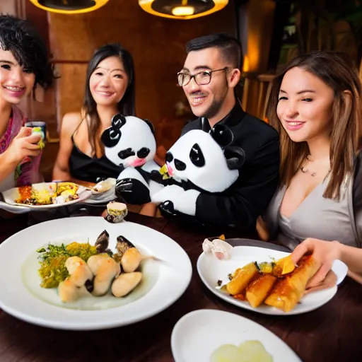 Image similar to a group of diners being served panda in a fancy restaurant, promotional picture, award winning, high quality, high resolution