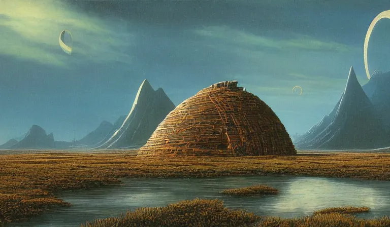 Image similar to A serene landscape with a singular building in the style of Bruce Pennington.