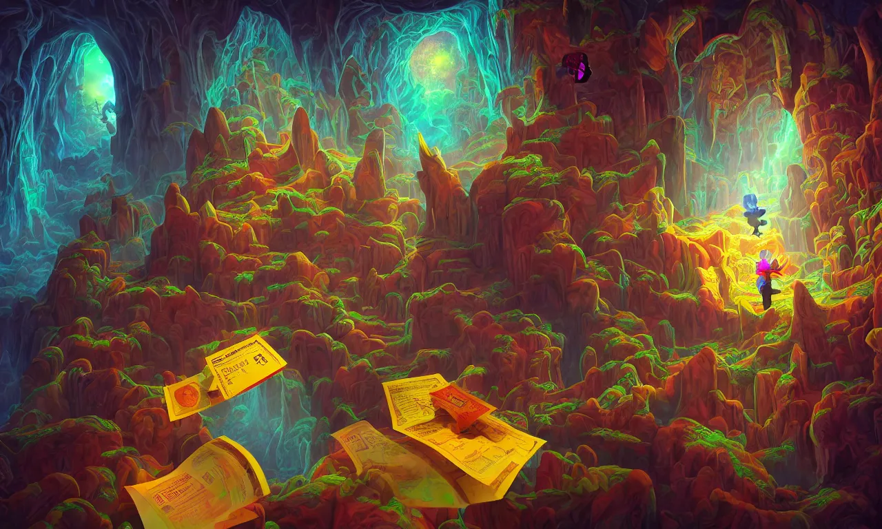 Image similar to large kerberos realm, faked ticket close up, wizard reading a directory, colorful ravine, 3 d art, digital illustration, perfect lighting