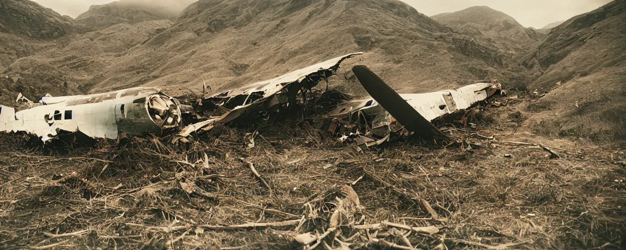 Prompt: panoramic of a world war 2 plane crashing into a spaghetti mountainside, cloudy, small details, intricate, canon 5 0 mm, high detail, intricate, cinematic lighting, photography, wes anderson, film, kodachrome