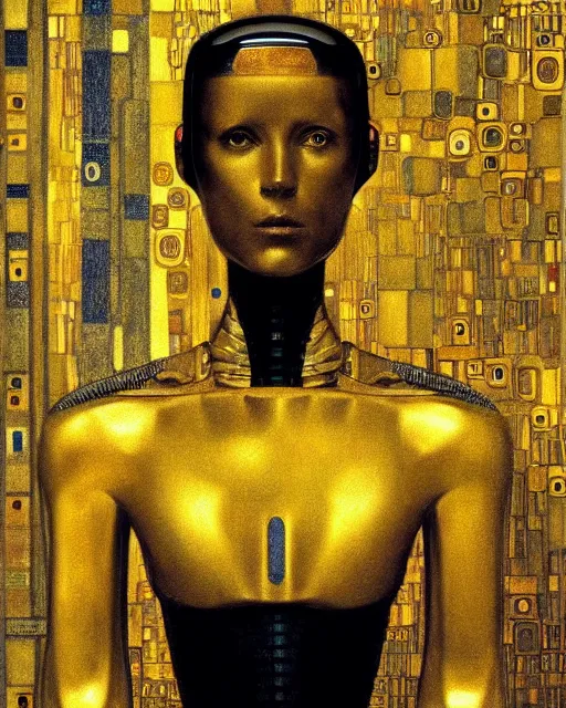 Image similar to Golden Portrait of a Robot from iRobot by Gustav Klimt, cyberpunk noir, baroque elements, intricate artwork by caravaggio, aesthetic, intricate, highly detailed, masterpiece