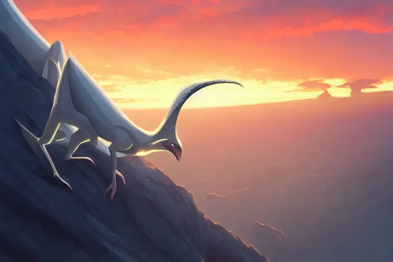 Image similar to a closeup of a large smooth skinned white creature hybrid pterosaur alien, small quills along it's back, long fangs, sitting on a cliff high in the sky, sunset, backlit, beautiful composition, by makoto shinkai an krenz cushart