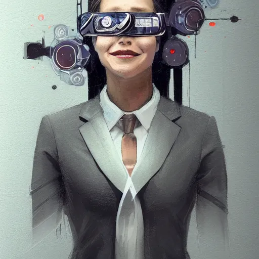 Image similar to Portrait of a woman by Greg Rutkowski, symmetrical face, a woman using a VR Headset covering her eyes, Kubric Stare, crooked and uncanny smile smile, she's wearing an office outfit, highly detailed portrait, scifi, digital painting, artstation, book cover, cyberpunk, concept art, smooth, sharp foccus ilustration, Artstation HQ