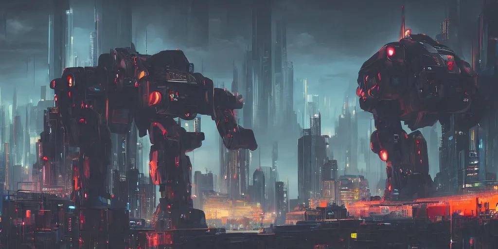 Image similar to a giant robot protects a cyberpunk city, ominous sky, federico pelat, evening, artstation