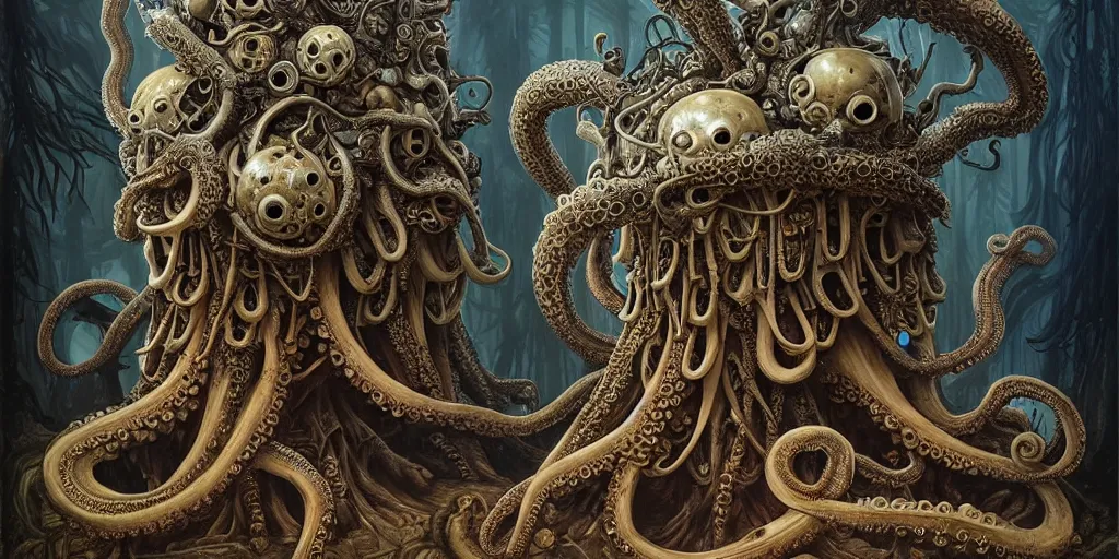 Image similar to biomechanical creature with big octopus head guarding an ancient chest in a mystic forest, gothic and baroque, brutalist architecture, ultradetailed, Intricate by Ellen Jewett and Josan Gonzalez and Giuseppe Arcimboldo