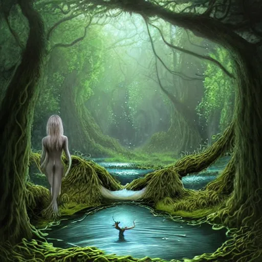 Prompt: beautiful digital fantasy illustration of A woody green field with a stream running through it, with a group of dryad women standing in the water. They seem to be preparing to submerge themselves in the cool, clear waters of the stream. a creepy creature standing in front of a mirror!, concept art by Alex Horley-Orlandelli!!, cgsociety, fantasy art, highly detailed, soft lighting, rendered in octane, masterpiece, very very very aesthetic