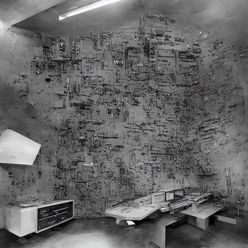 Prompt: top secret room made from steel and concrete full of electrical cold war era missile control equipment and displays, very sharp edges, militaristic, tidy surfaces, cathode ray tube display surveillance camera image, 1 9 6 0's