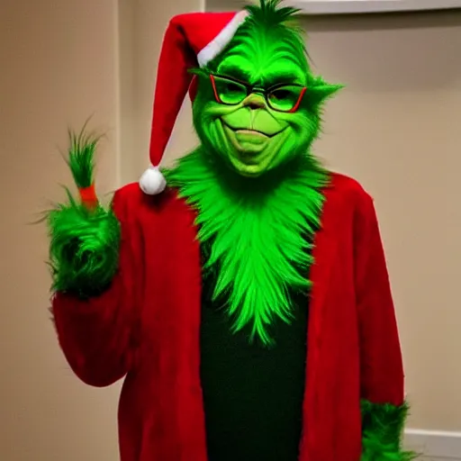 Image similar to bill gates cosplaying as the grinch, bill gates wearing a grinch costume, cosplay award winner