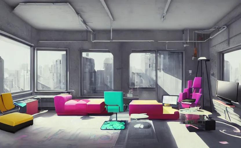 Image similar to Interior shot of a futuristic brutalist studio apartment with computers and colourful furniture by Petros Afshar and Beeple, James Gilleard, Mark Ryden, Wolfgang Lettl highly detailed