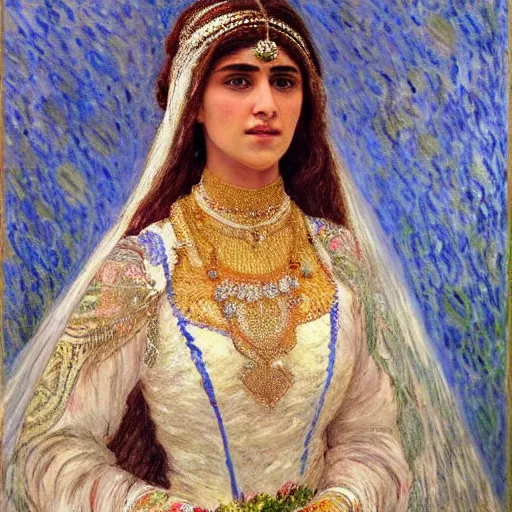 Image similar to full body portrait of a beautiful Kurdish bride wearing a beautiful wedding dress, very detailed eyes, hyperrealistic, beautiful and symmetrical face, very detailed painting by Claude Monet and Alphonse Mucha, trending on artstation, extremely high detail, incredibly intricate