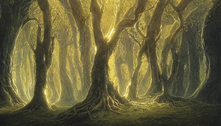 Image similar to painting by John Howe of the two trees of valinor, one of them glowing gold, the other one silver