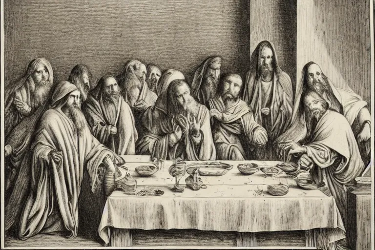 Image similar to very detailed ink drawing of the last supper with grim reaper sitting in the middle of the table by gustave dore, poster, fine art, etching, biblical