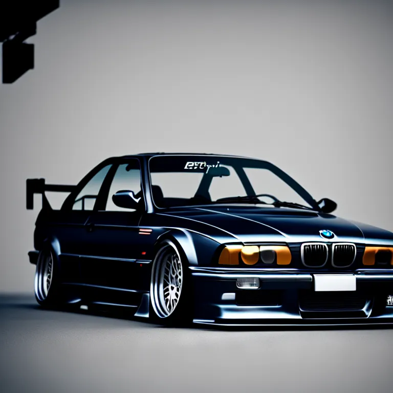 Image similar to BMW E36 Drift, detailed-wheels, Shibuya prefecture, cinematic lighting, photorealistic, night photography, octane render