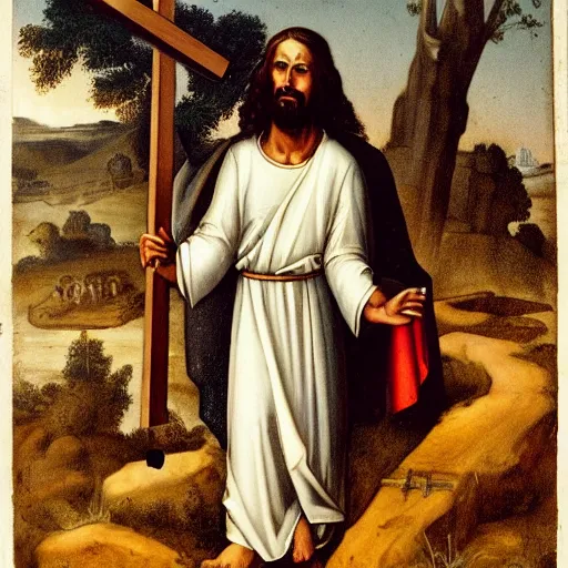 Prompt: culturist jesus christ carrying the cross,