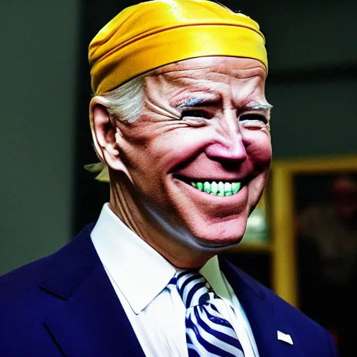 Prompt: gangster joe biden with gold teeth wearing a durag