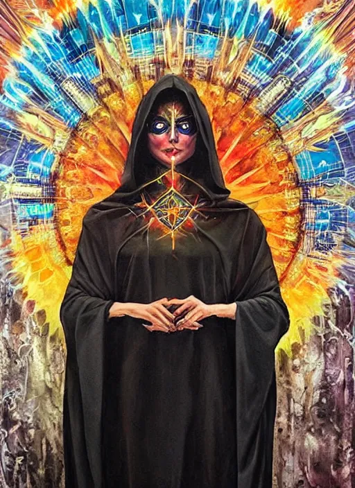 Image similar to beautiful tripping cult magic psychic woman, subjective consciousness psychedelic, epic occult ritual symbolism story iconic, dark robed witch, oil painting, robe, symmetrical face, greek dark myth, by Sandra Chevrier, masterpiece