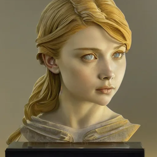 Image similar to beautiful lifelike award winning marble statue bust artistic chloe grace moretz trending on art station artgerm greg rutkowski alphonse mucha museum quality cinematic atmospheric