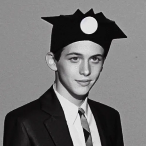 Image similar to a yearbook photo from 1966 of Jughead Jones, wearing a felt crown