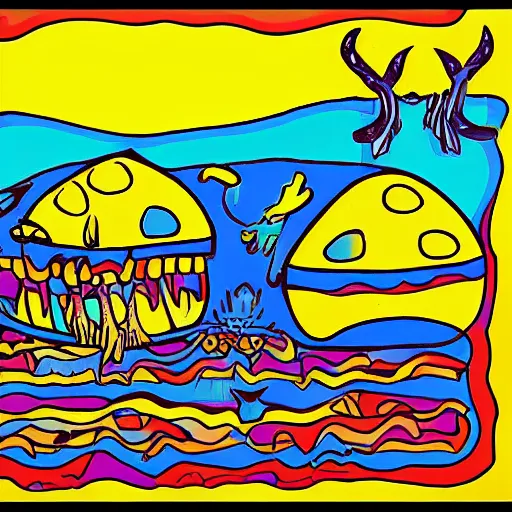 Prompt: we all live in a yellow submarine, drawing style, the beatles, psychedelic yellows