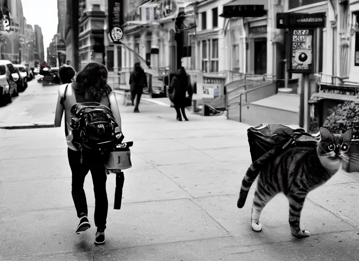 Image similar to photography of a Cat being carried in a backpack . in a new york street. award winning photo, led lighting, night, 130mm, sharp, high res