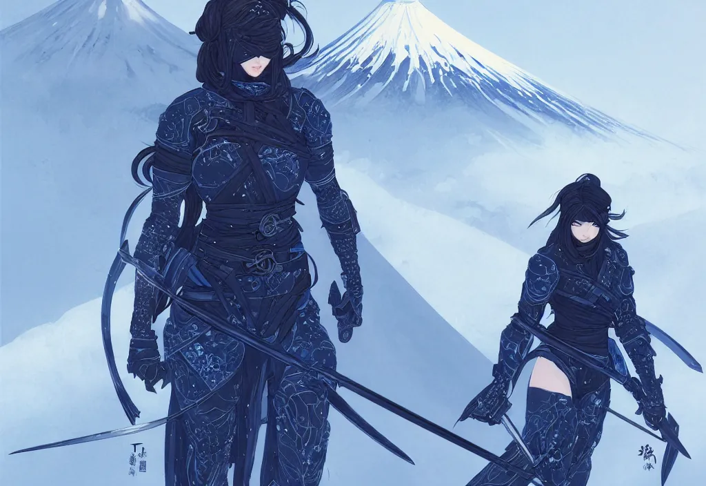 Image similar to portrait ninja gaiden girl, black and blue ninja wardrobe, at snowy fuji mountain sunrise, ssci - fi and fantasy, intricate and very very beautiful, detailed, digital painting, artstation, concept art, smooth and sharp focus, illustration, art by tian zi and wlop and alphonse mucha