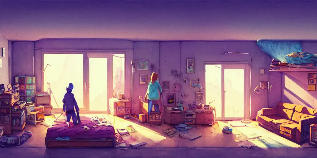 Image similar to room in the canyons, the room is messy and unorganized, bed is not made, trinkets and books everywhere, detailed, artstation, 8 k, sci - fi, pastel colors, props, panel, concept, simon stalenhag, in watercolor gouache detailed paintings, moebius, blueprint, building, living room, detailed, posters, sofa